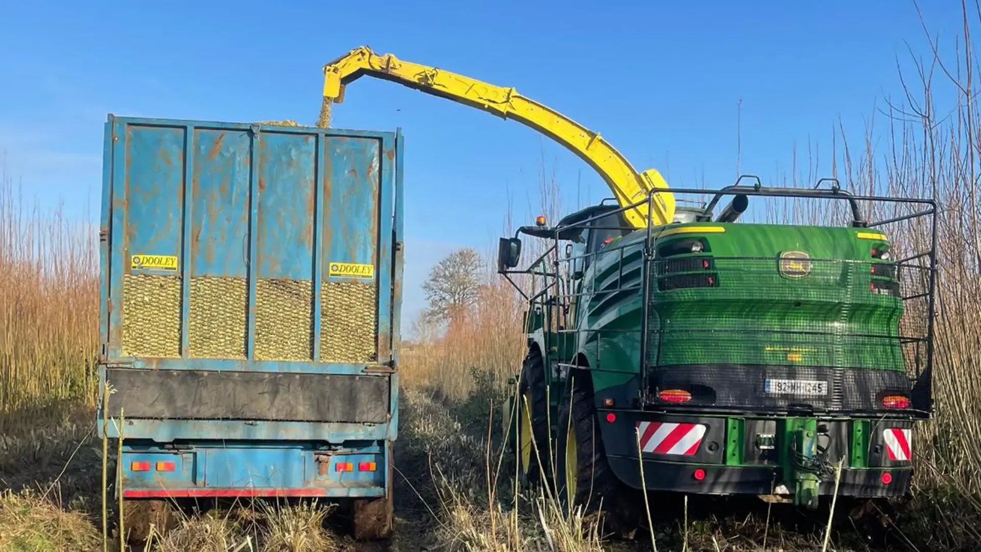 Forage harvester loading a trailer in the field.