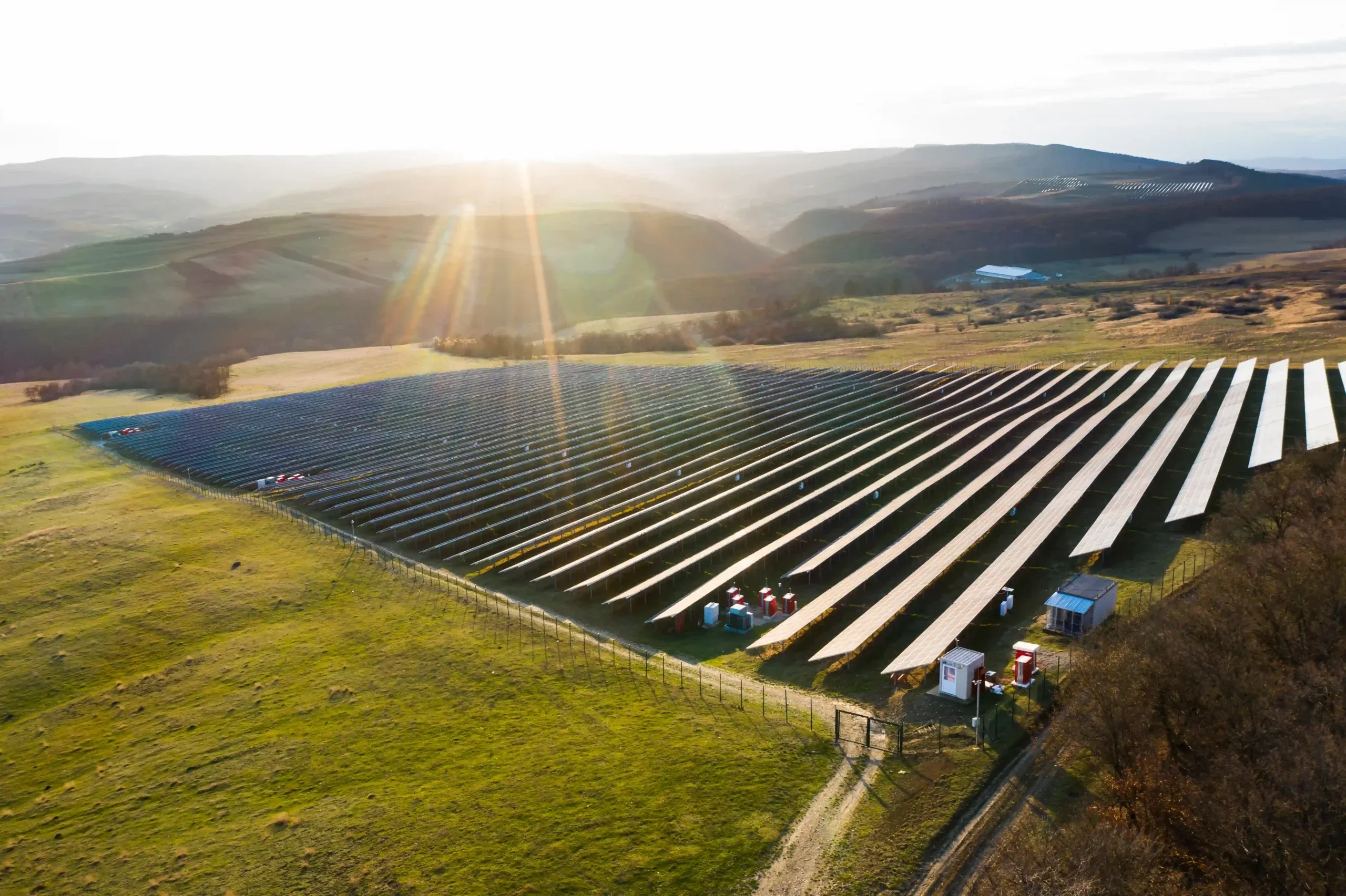 Aerial view of a solar farm.